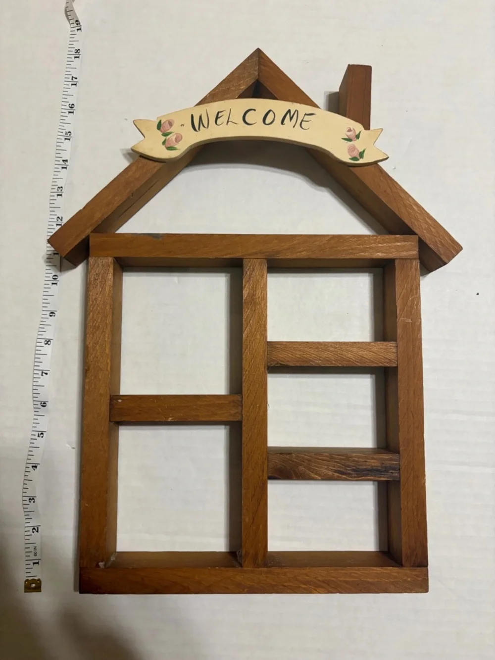 Wooden “Welcome” Wall Trinket Shelf Frame - Natural Brown 18x13 Display Piece